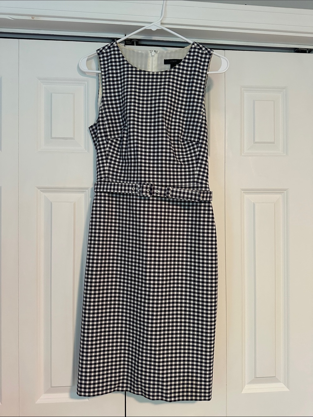 Classic Navy and White Gingham Sheath Dress - Sleeveless Belted